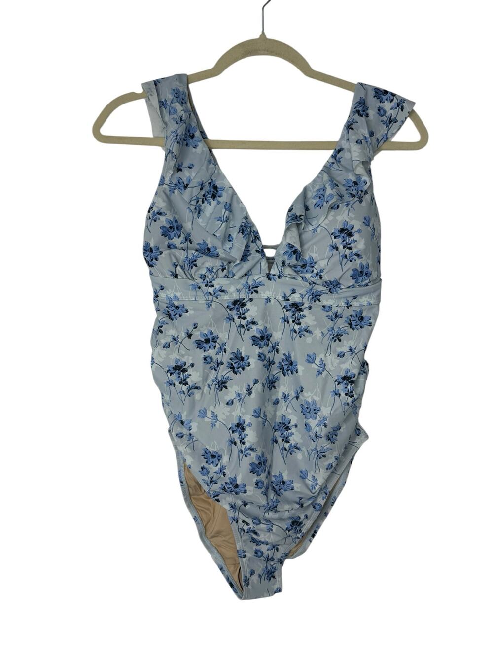 NWT A Pea in the Pod Ruffled Maternity Floral Swimsuit Light Blue Size XS